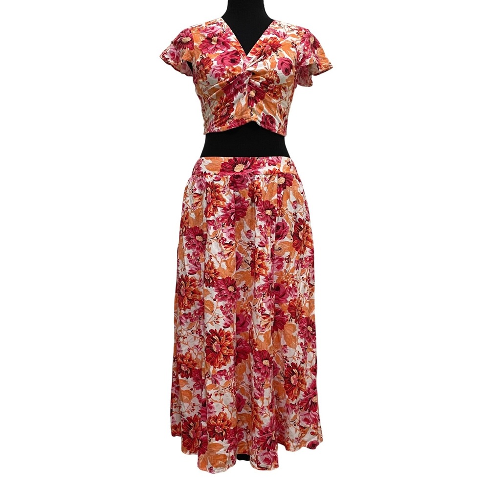 Japna Linen Blend Floral 2 Piece Set Crop Top Midi Skirt Small Cottage Tropical